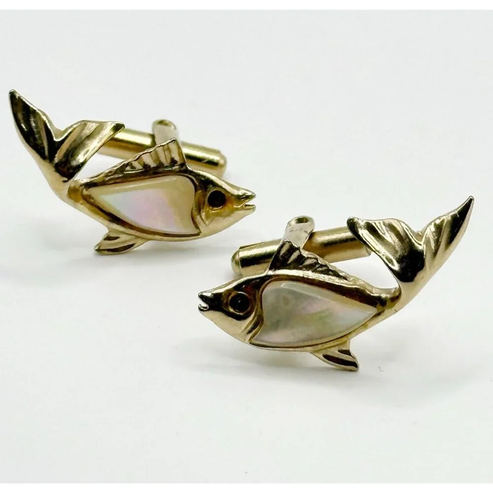 Vintage Gold-tone Fish Cufflinks Mother‎ of Pearl Red Crystal Eyes